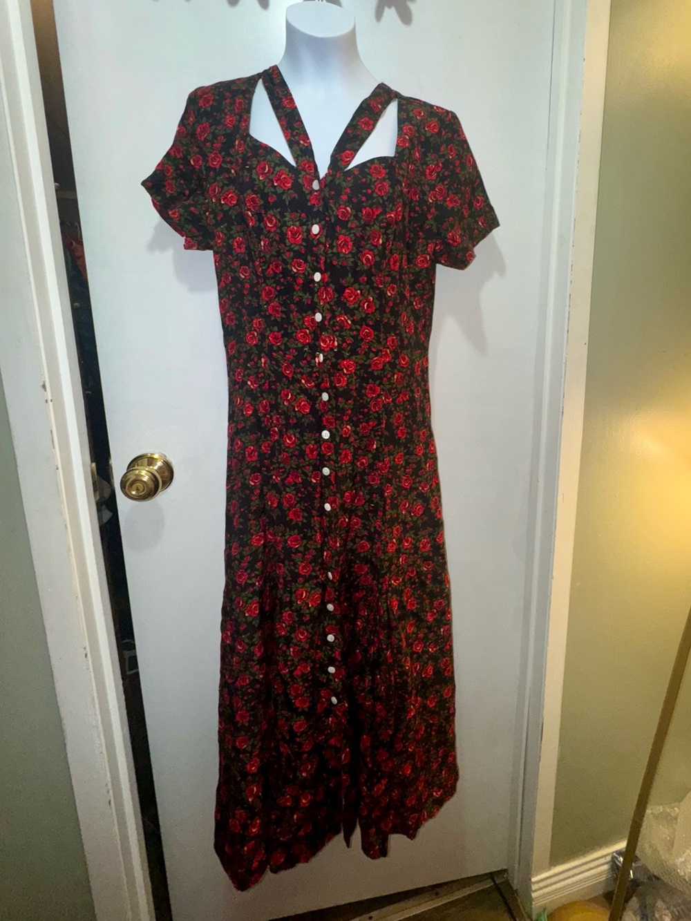 Black Midi Dress with Red Rose Print and Button Front
